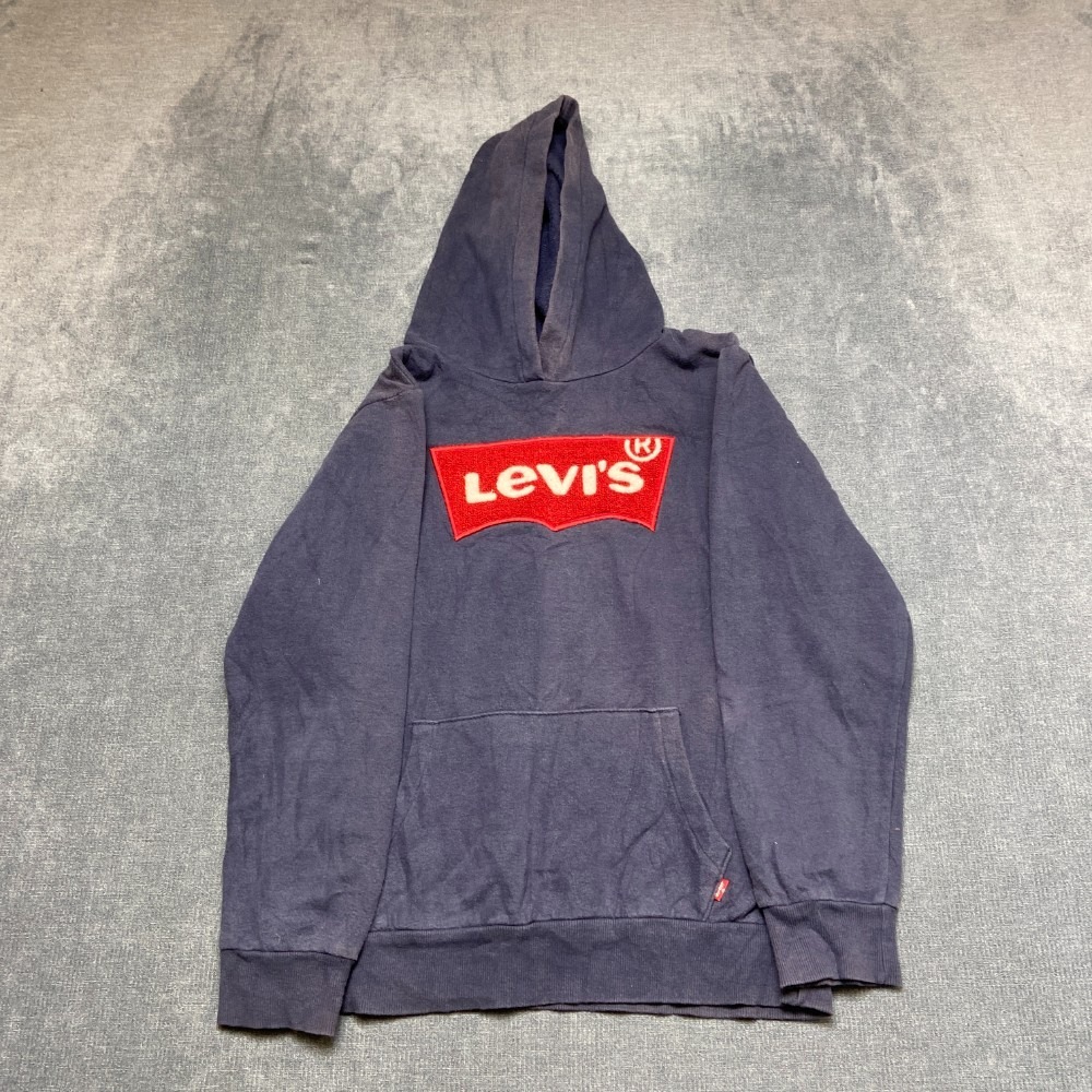Levi's Hoodie Boys L Navy Blue Cotton Fleece Lined Logo Ribbed Kangaroo Pockets